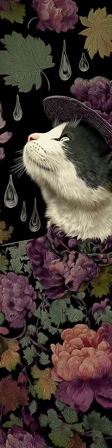 Cat bookmarks featuring raindrops with a cat and a purple hat